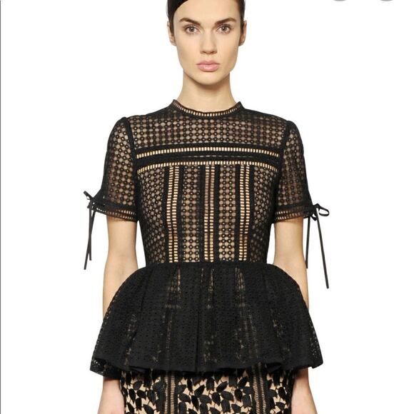 Self-Portrait Tops - Black Self Portrait Eyelet Peplum Top